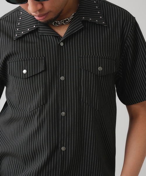 ANDER HUNK（アンダーハンク）の「Studs Design Stripe Open-Colour Shirt / スタッズデザインストライプオープンカラーシャツ（シャツ/ブラウス・メンズ・グレー/グレイッシュブルー/ブラック・MEDIUM/LARGE）」の14枚目の写真