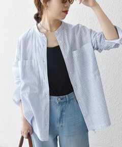 美品 シップスエニィ SHIPS any リネン スタンドカラーストライプシャツ SHIPS any:〈洗濯機可能〉リネン スタンドカラー ポケット