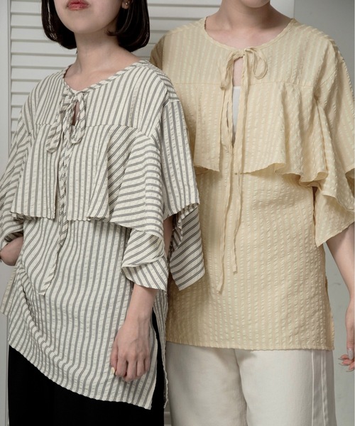 lawgy(ラウジー)の「unevenness stripe frill ribbon blouse / アンイーヴンネスストライプフリルリボンブラウス(シャツ/ブラウス・レディース・クリーム/ホワイト・FREE)」の13枚目の写真