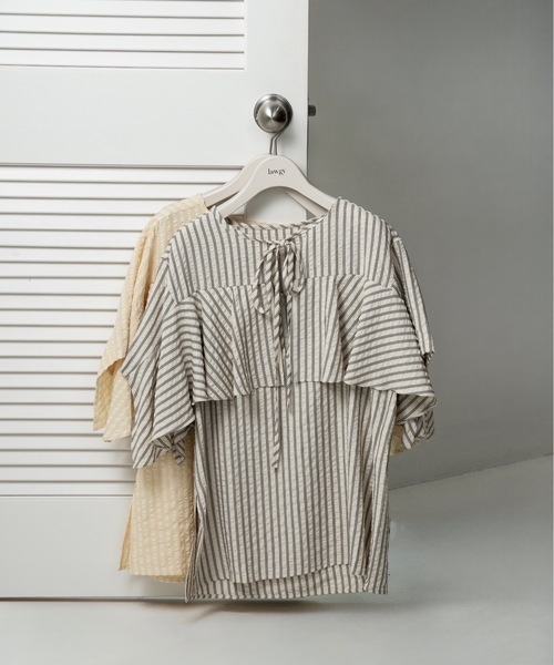 lawgy(ラウジー)の「unevenness stripe frill ribbon blouse / アンイーヴンネスストライプフリルリボンブラウス(シャツ/ブラウス・レディース・クリーム/ホワイト・FREE)」の15枚目の写真