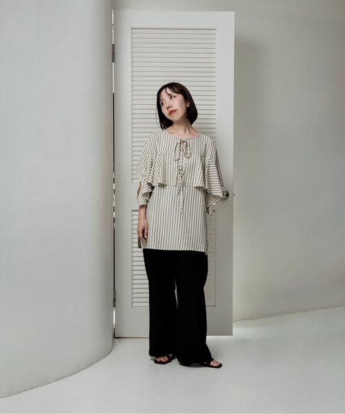 lawgy(ラウジー)の「unevenness stripe frill ribbon blouse / アンイーヴンネスストライプフリルリボンブラウス(シャツ/ブラウス・レディース・クリーム/ホワイト・FREE)」の8枚目の写真