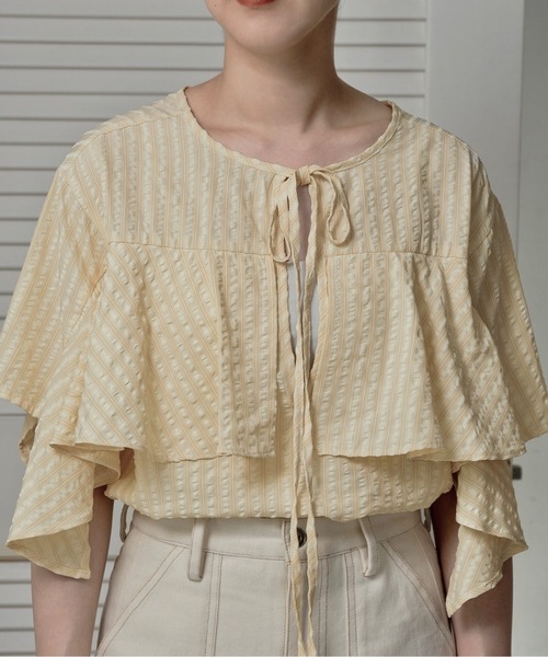 lawgy(ラウジー)の「unevenness stripe frill ribbon blouse / アンイーヴンネスストライプフリルリボンブラウス(シャツ/ブラウス・レディース・クリーム/ホワイト・FREE)」の9枚目の写真