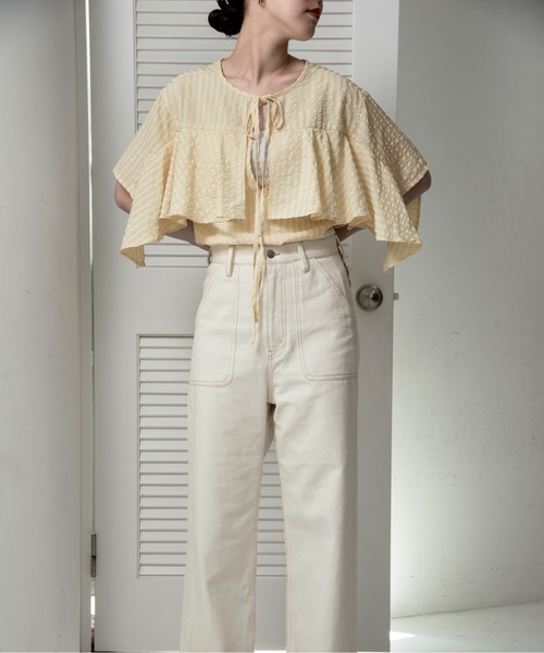 lawgy(ラウジー)の「unevenness stripe frill ribbon blouse / アンイーヴンネスストライプフリルリボンブラウス(シャツ/ブラウス・レディース・クリーム/ホワイト・FREE)」の12枚目の写真
