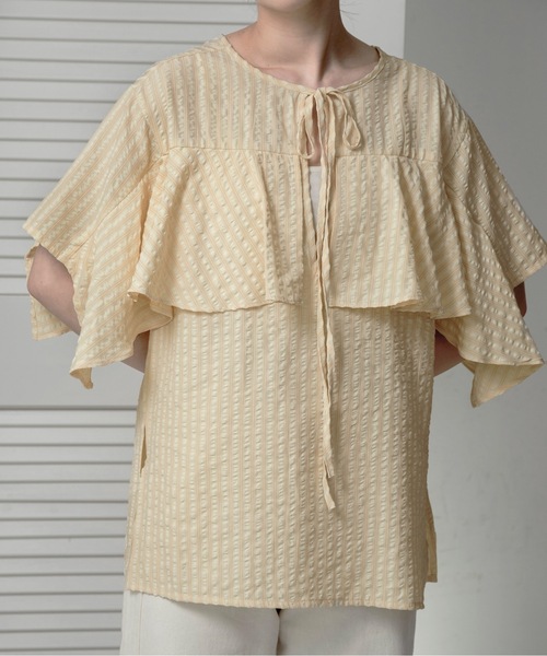 lawgy(ラウジー)の「unevenness stripe frill ribbon blouse / アンイーヴンネスストライプフリルリボンブラウス(シャツ/ブラウス・レディース・クリーム/ホワイト・FREE)」の10枚目の写真
