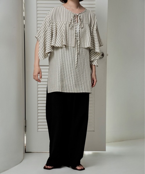 lawgy(ラウジー)の「unevenness stripe frill ribbon blouse / アンイーヴンネスストライプフリルリボンブラウス(シャツ/ブラウス・レディース・クリーム/ホワイト・FREE)」の6枚目の写真