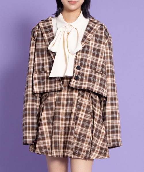 PUNYUS（プニュズ）の「チェックショートジャケット（テーラードジャケット・レディース・ブラウン/ブルー・3/2/1/4）」の14枚目の写真