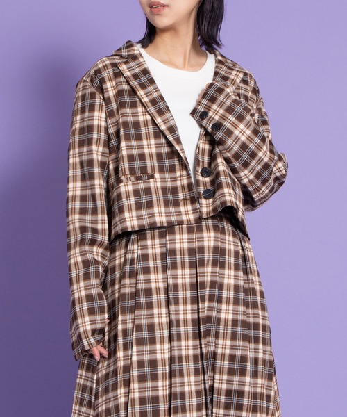 PUNYUS（プニュズ）の「チェックショートジャケット（テーラードジャケット・レディース・ブラウン/ブルー・3/2/1/4）」の3枚目の写真