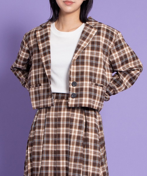 PUNYUS（プニュズ）の「チェックショートジャケット（テーラードジャケット・レディース・ブラウン/ブルー・3/2/1/4）」の5枚目の写真