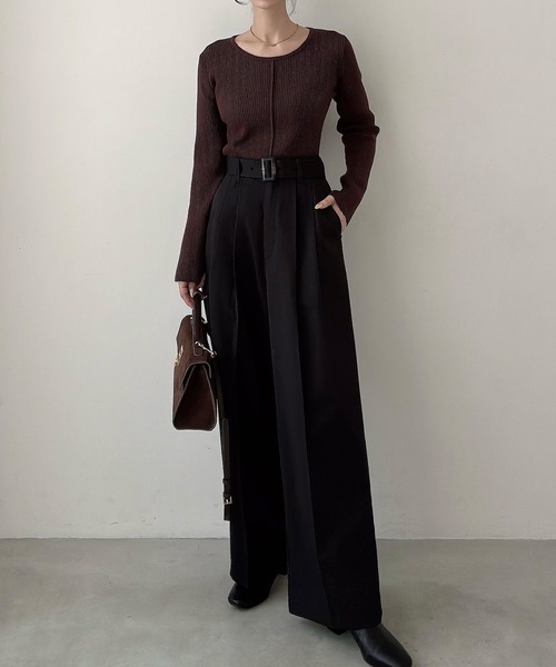 Meiru(メイル)の「ベルト付きツータックワイドパンツ(薄手、裏地なし)【セットアップ対応】(スラックス・レディース・ブラウン/ブラック/チャコール・LARGE/MEDIUM/SMALL)」の10枚目の写真
