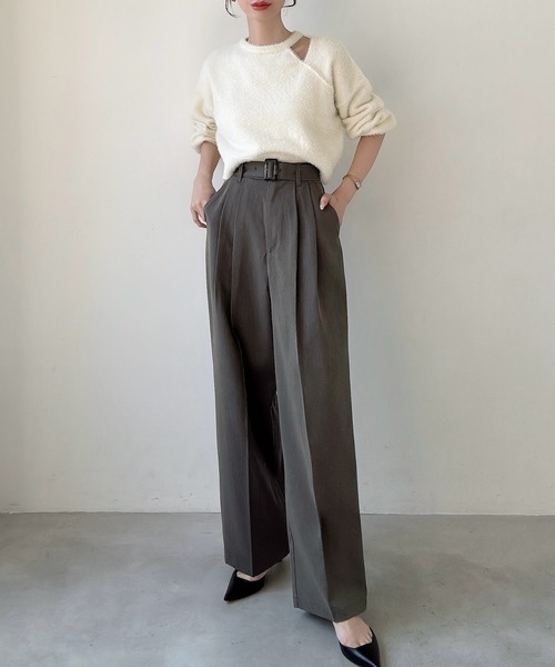 Meiru(メイル)の「ベルト付きツータックワイドパンツ(薄手、裏地なし)【セットアップ対応】(スラックス・レディース・ブラウン/ブラック/チャコール・LARGE/MEDIUM/SMALL)」の15枚目の写真