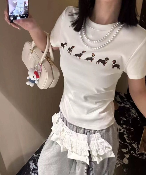 FUNdaysion（ファンデイション）の「dogプリントショート半袖Tシャツ（Tシャツ/カットソー・レディース・グレー/ホワイト・M）」の7枚目の写真