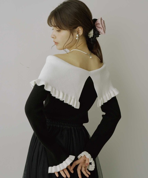 ◾️極美品　セブンテン　seventen　ラッフルタフタニット　ネイビー　フリル FEATURE- TWEED TOP / RUFFLE BLOUSE｜seventen