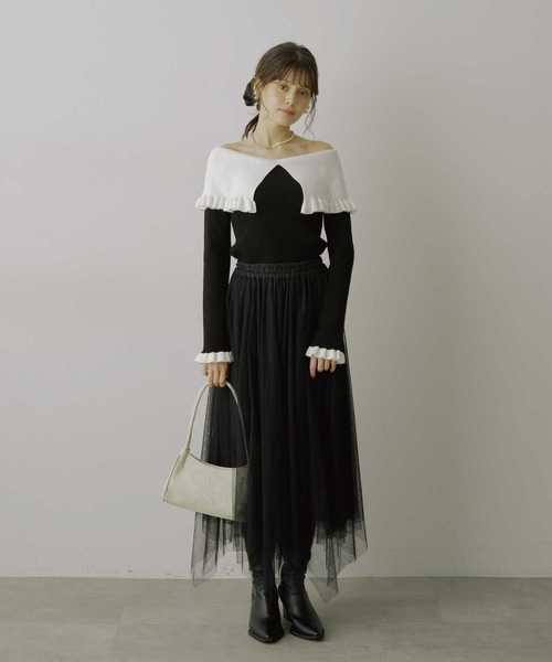 HEIREN】フリルビッグカラーリブニット（ニット/セーター