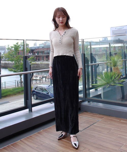 セール】クラッシュベロア スカート / ウエストゴム ロング丈 シンプル