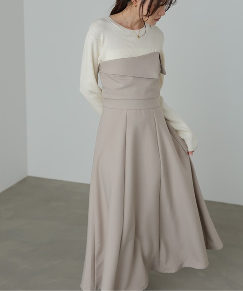 Bab（バブ）の「【S・M・Lサイズ展開】【選べるネック】レイヤード風ドッキングニットワンピ（ワンピース・レディース・ベージュ/ブラック系その他/ブラック/ベージュ系その他・L/S/M）」の3枚目の写真