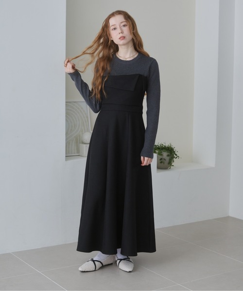 Bab（バブ）の「【S・M・Lサイズ展開】【選べるネック】レイヤード風ドッキングニットワンピ（ワンピース・レディース・ベージュ/ブラック系その他/ブラック/ベージュ系その他・L/S/M）」の11枚目の写真