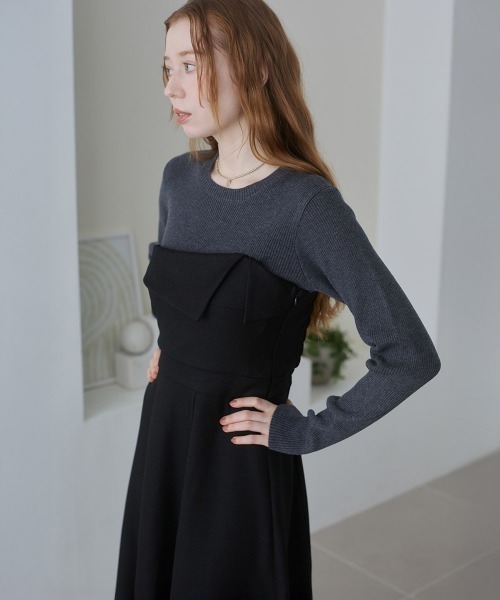 Bab（バブ）の「【S・M・Lサイズ展開】【選べるネック】レイヤード風ドッキングニットワンピ（ワンピース・レディース・ベージュ/ブラック系その他/ブラック/ベージュ系その他・L/S/M）」の12枚目の写真