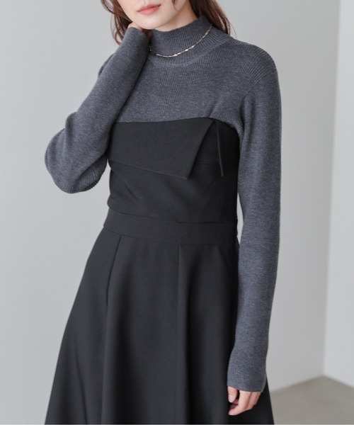 Bab（バブ）の「【S・M・Lサイズ展開】【選べるネック】レイヤード風ドッキングニットワンピ（ワンピース・レディース・ベージュ/ブラック系その他/ブラック/ベージュ系その他・L/S/M）」の15枚目の写真