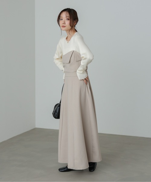 Bab（バブ）の「【S・M・Lサイズ展開】【選べるネック】レイヤード風ドッキングニットワンピ（ワンピース・レディース・ベージュ/ブラック系その他/ブラック/ベージュ系その他・L/S/M）」の7枚目の写真