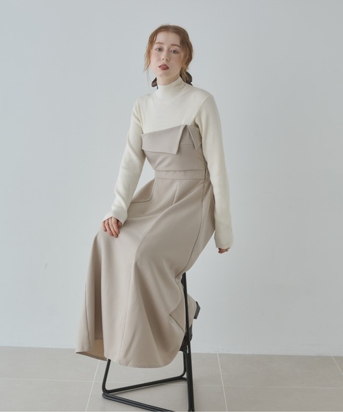 Bab（バブ）の「【S・M・Lサイズ展開】【選べるネック】レイヤード風ドッキングニットワンピ（ワンピース・レディース・ベージュ/ブラック系その他/ブラック/ベージュ系その他・L/S/M）」の8枚目の写真