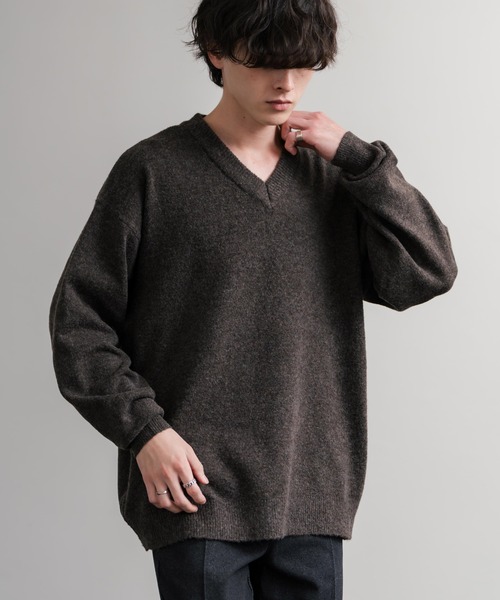 Rocky Monroe(ロッキーモンロー)の「オーバーサイズ ウール混メランジVネックプルオーバーニットセーター(ニット/セーター・メンズ・ブラック/ブラウン/オフホワイト/チャコール/マスタード/グレー・M/L/XL)」の6枚目の写真
