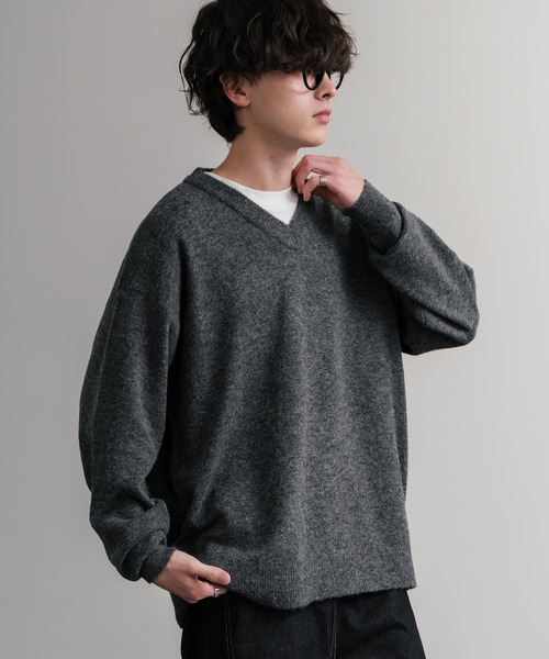 Rocky Monroe(ロッキーモンロー)の「オーバーサイズ ウール混メランジVネックプルオーバーニットセーター(ニット/セーター・メンズ・ブラック/ブラウン/オフホワイト/チャコール/マスタード/グレー・M/L/XL)」の5枚目の写真