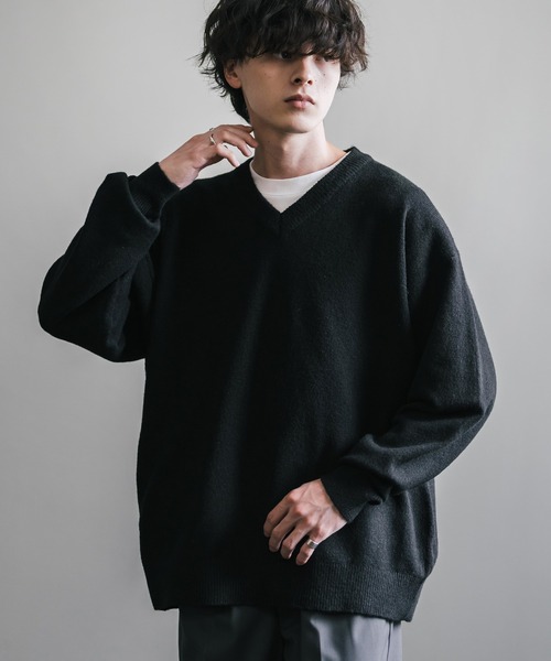 Rocky Monroe(ロッキーモンロー)の「オーバーサイズ ウール混メランジVネックプルオーバーニットセーター(ニット/セーター・メンズ・ブラック/ブラウン/オフホワイト/チャコール/マスタード/グレー・M/L/XL)」の3枚目の写真