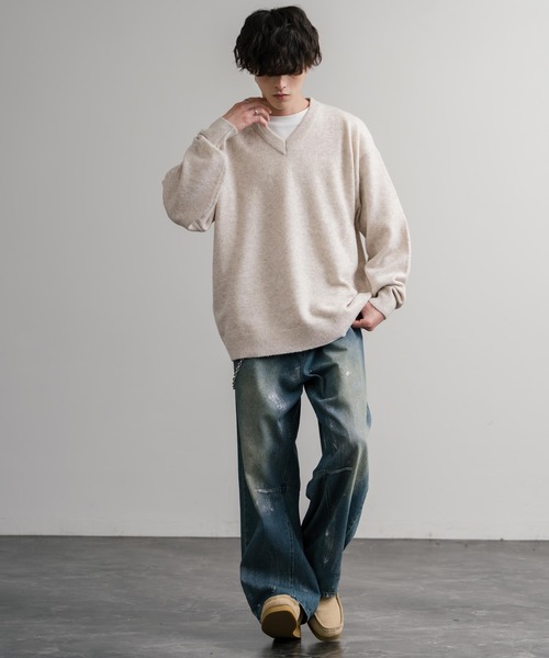 Rocky Monroe(ロッキーモンロー)の「オーバーサイズ ウール混メランジVネックプルオーバーニットセーター(ニット/セーター・メンズ・ブラック/ブラウン/オフホワイト/チャコール/マスタード/グレー・M/L/XL)」の19枚目の写真