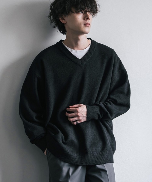 Rocky Monroe(ロッキーモンロー)の「オーバーサイズ ウール混メランジVネックプルオーバーニットセーター(ニット/セーター・メンズ・ブラック/ブラウン/オフホワイト/チャコール/マスタード/グレー・M/L/XL)」の17枚目の写真
