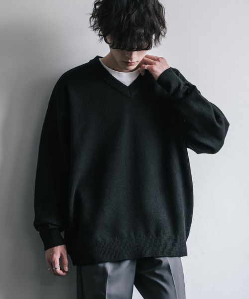 Rocky Monroe(ロッキーモンロー)の「オーバーサイズ ウール混メランジVネックプルオーバーニットセーター(ニット/セーター・メンズ・ブラック/ブラウン/オフホワイト/チャコール/マスタード/グレー・M/L/XL)」の16枚目の写真