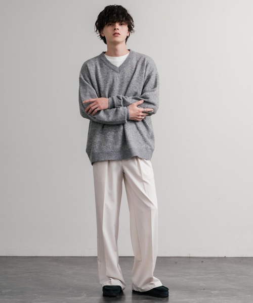Rocky Monroe(ロッキーモンロー)の「オーバーサイズ ウール混メランジVネックプルオーバーニットセーター(ニット/セーター・メンズ・ブラック/ブラウン/オフホワイト/チャコール/マスタード/グレー・M/L/XL)」の9枚目の写真