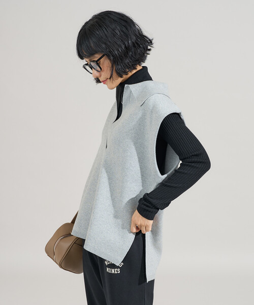 FREAK'S STORE（フリークスストア）の「＜マシーンウォッシャブル＞スウェットライクニット スキッパーポロ襟 ベスト/襟付きニット ＜セットアップ対応＞（ベスト・レディース・ネイビー/ライトグレー/ブラック・ﾌﾘ-）」の2枚目の写真