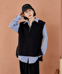 FREAK'S STORE | ＜マシーンウォッシャブル＞スウェットライクニット スキッパーポロ襟 ベスト/襟付きニット ＜セットアップ対応＞(ベスト)