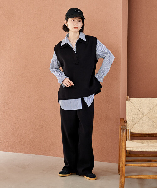 FREAK'S STORE（フリークスストア）の「＜マシーンウォッシャブル＞スウェットライクニット スキッパーポロ襟 ベスト/襟付きニット ＜セットアップ対応＞（ベスト・レディース・ネイビー/ライトグレー/ブラック・ﾌﾘ-）」の5枚目の写真