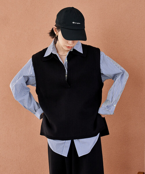 FREAK'S STORE（フリークスストア）の「＜マシーンウォッシャブル＞スウェットライクニット スキッパーポロ襟 ベスト/襟付きニット ＜セットアップ対応＞（ベスト・レディース・ネイビー/ライトグレー/ブラック・ﾌﾘ-）」の9枚目の写真