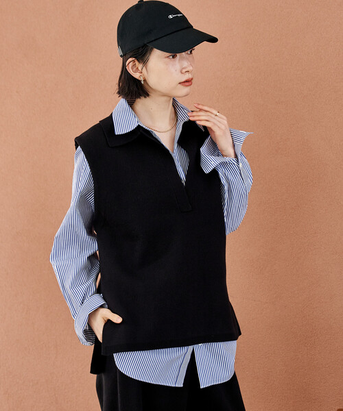 FREAK'S STORE（フリークスストア）の「＜マシーンウォッシャブル＞スウェットライクニット スキッパーポロ襟 ベスト/襟付きニット ＜セットアップ対応＞（ベスト・レディース・ネイビー/ライトグレー/ブラック・ﾌﾘ-）」の10枚目の写真