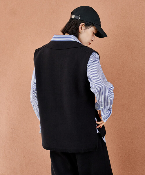 FREAK'S STORE（フリークスストア）の「＜マシーンウォッシャブル＞スウェットライクニット スキッパーポロ襟 ベスト/襟付きニット ＜セットアップ対応＞（ベスト・レディース・ネイビー/ライトグレー/ブラック・ﾌﾘ-）」の12枚目の写真