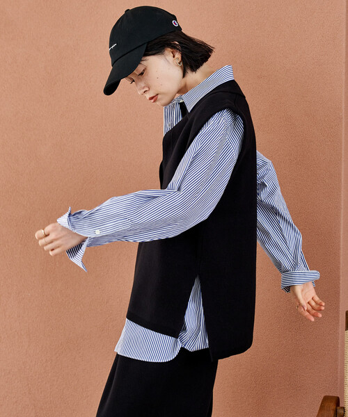 FREAK'S STORE（フリークスストア）の「＜マシーンウォッシャブル＞スウェットライクニット スキッパーポロ襟 ベスト/襟付きニット ＜セットアップ対応＞（ベスト・レディース・ネイビー/ライトグレー/ブラック・ﾌﾘ-）」の13枚目の写真