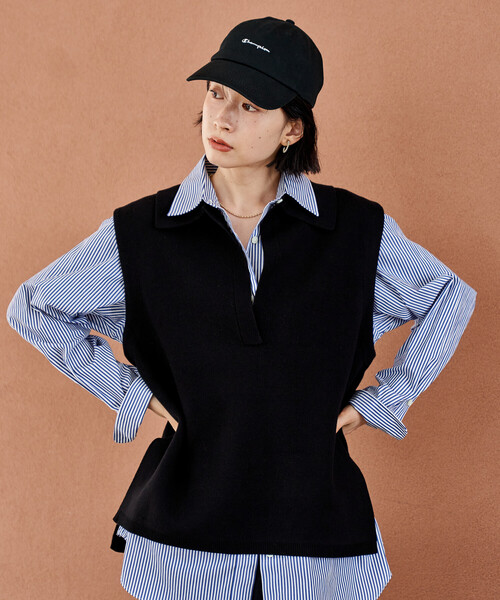 FREAK'S STORE（フリークスストア）の「＜マシーンウォッシャブル＞スウェットライクニット スキッパーポロ襟 ベスト/襟付きニット ＜セットアップ対応＞（ベスト・レディース・ネイビー/ライトグレー/ブラック・ﾌﾘ-）」の14枚目の写真