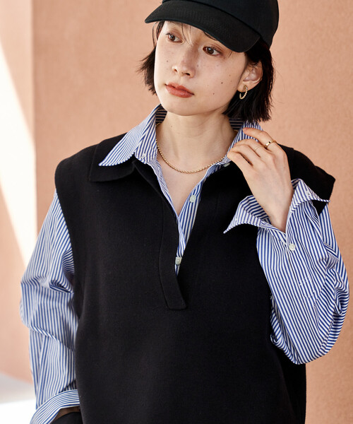 FREAK'S STORE（フリークスストア）の「＜マシーンウォッシャブル＞スウェットライクニット スキッパーポロ襟 ベスト/襟付きニット ＜セットアップ対応＞（ベスト・レディース・ネイビー/ライトグレー/ブラック・ﾌﾘ-）」の15枚目の写真