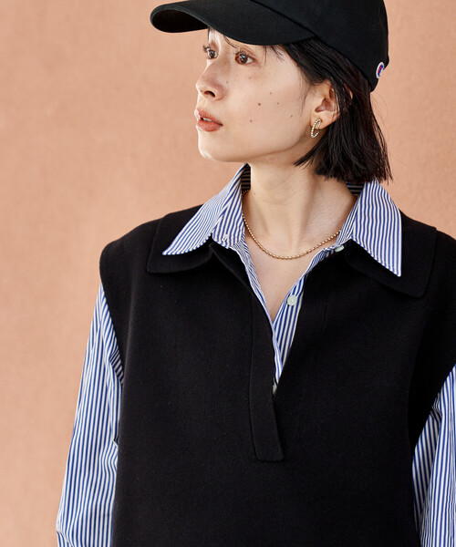 FREAK'S STORE（フリークスストア）の「＜マシーンウォッシャブル＞スウェットライクニット スキッパーポロ襟 ベスト/襟付きニット ＜セットアップ対応＞（ベスト・レディース・ネイビー/ライトグレー/ブラック・ﾌﾘ-）」の16枚目の写真