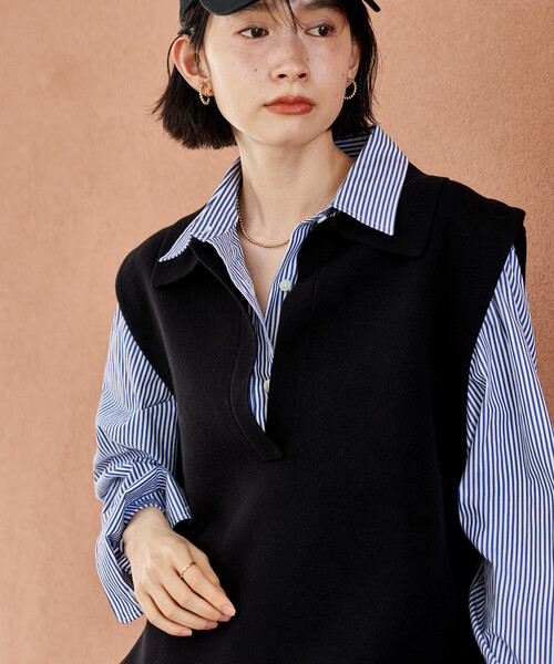 FREAK'S STORE（フリークスストア）の「＜マシーンウォッシャブル＞スウェットライクニット スキッパーポロ襟 ベスト/襟付きニット ＜セットアップ対応＞（ベスト・レディース・ネイビー/ライトグレー/ブラック・ﾌﾘ-）」の17枚目の写真