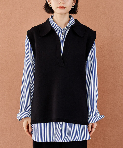 FREAK'S STORE（フリークスストア）の「＜マシーンウォッシャブル＞スウェットライクニット スキッパーポロ襟 ベスト/襟付きニット ＜セットアップ対応＞（ベスト・レディース・ネイビー/ライトグレー/ブラック・ﾌﾘ-）」の18枚目の写真