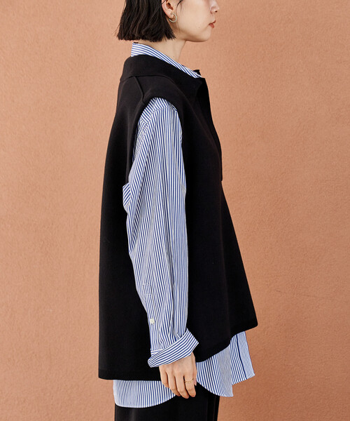 FREAK'S STORE（フリークスストア）の「＜マシーンウォッシャブル＞スウェットライクニット スキッパーポロ襟 ベスト/襟付きニット ＜セットアップ対応＞（ベスト・レディース・ネイビー/ライトグレー/ブラック・ﾌﾘ-）」の19枚目の写真