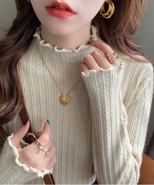 VIBGYOR（ヴィブジョー）の「スリムリブ編み ハイネックニット / ベーシック韓国 Y2K 美シルエット 秋冬(CZ)（ニット/セーター・レディース・グレー/ベージュ/ホワイト/ピンク/ブラック/ライトベージュ/アイボリー/イエロー・FREE）」の6枚目の写真