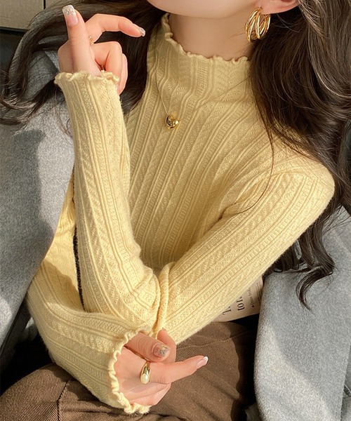 VIBGYOR（ヴィブジョー）の「スリムリブ編み ハイネックニット / ベーシック韓国 Y2K 美シルエット 秋冬(CZ)（ニット/セーター・レディース・グレー/ベージュ/ホワイト/ピンク/ブラック/ライトベージュ/アイボリー/イエロー・FREE）」の7枚目の写真