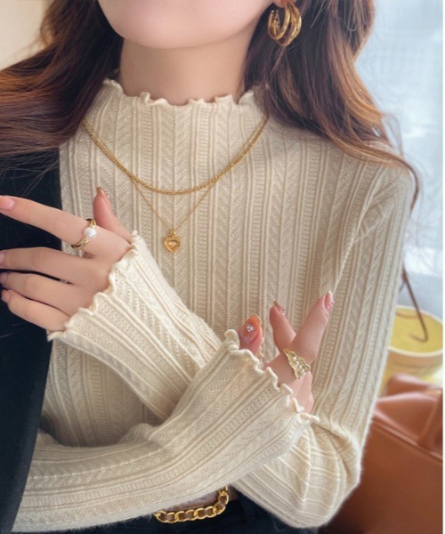 VIBGYOR（ヴィブジョー）の「スリムリブ編み ハイネックニット / ベーシック韓国 Y2K 美シルエット 秋冬(CZ)（ニット/セーター・レディース・グレー/ベージュ/ホワイト/ピンク/ブラック/ライトベージュ/アイボリー/イエロー・FREE）」の3枚目の写真