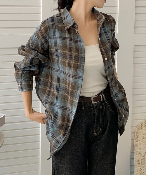aimoha（アイモハ）の「ビッグシルエット チェックシャツ チュニック（シャツ/ブラウス・レディース・ブルー/イエロー/ブラウン・FREE）」の2枚目の写真