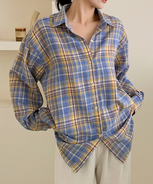 aimoha（アイモハ）の「ビッグシルエット チェックシャツ チュニック（シャツ/ブラウス・レディース・ブルー/イエロー/ブラウン・FREE）」の3枚目の写真