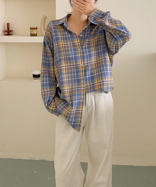aimoha（アイモハ）の「ビッグシルエット チェックシャツ チュニック（シャツ/ブラウス・レディース・ブルー/イエロー/ブラウン・FREE）」の21枚目の写真